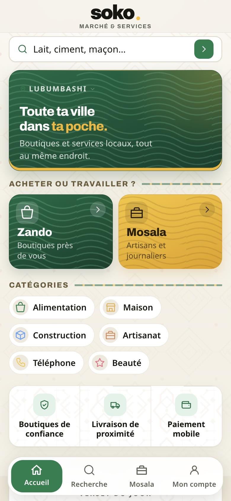 L’écran d’accueil de l’app Soko : recherche, Zando et Mosala, catégories