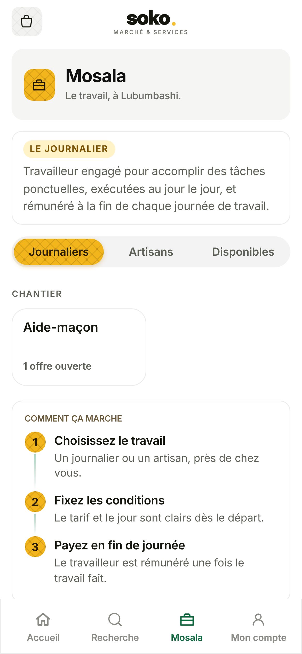 Soko : Mosala, les journaliers et artisans